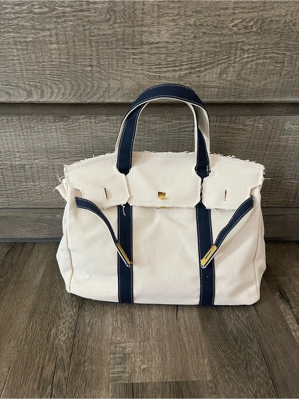 Canvas Tote Handbag with Navy Trim and Gold Hardware Boatkin Boat Bag